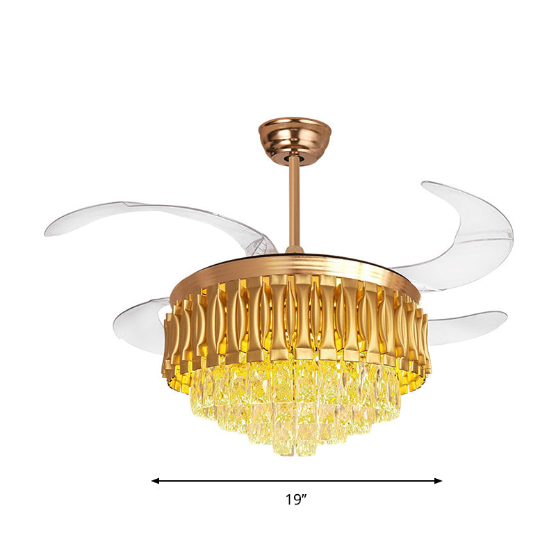 Simple Tiered Semi Flush Crystal Rectangle Drawing Room LED Hanging Fan Lamp in Gold with 4-Blade, 19