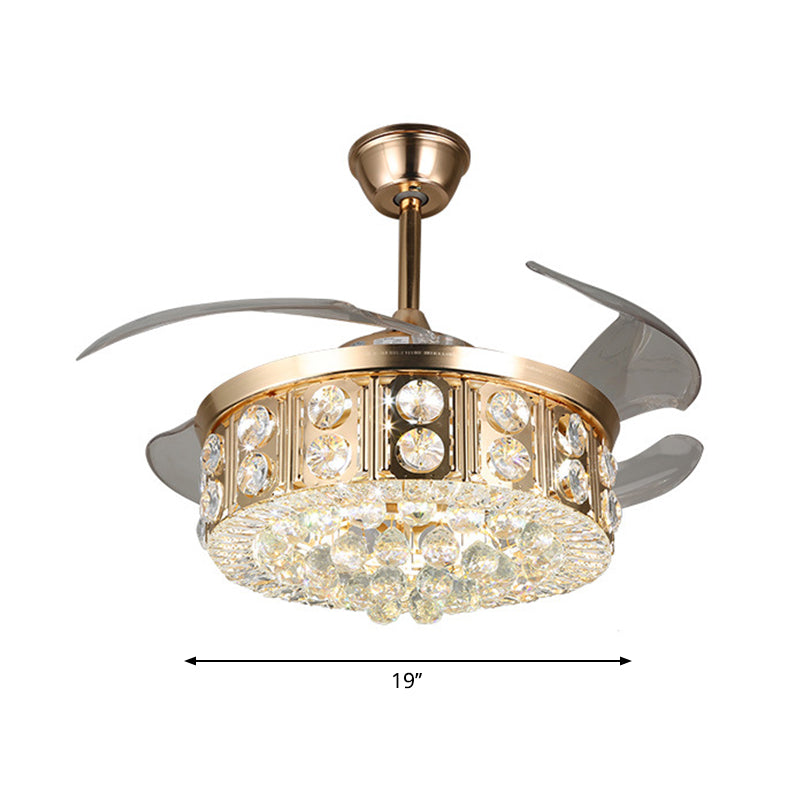 4 Blades LED Bedroom Semi Flush Light Modernism Gold Pendant Fan Lamp with Drum Crystal Block and Orbs Shade, 19