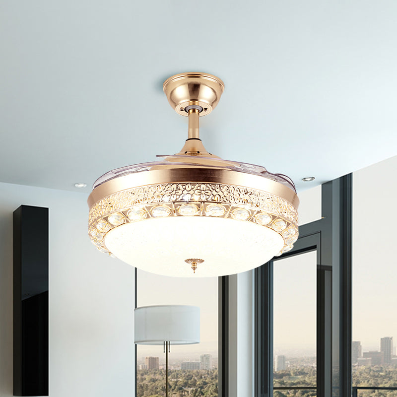 Contemporary Dome Semi Flush Mount Frosted Glass LED Parlor Ceiling Fan Lamp in Gold with 3 Blades, 19