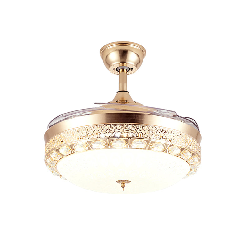 Contemporary Dome Semi Flush Mount Frosted Glass LED Parlor Ceiling Fan Lamp in Gold with 3 Blades, 19