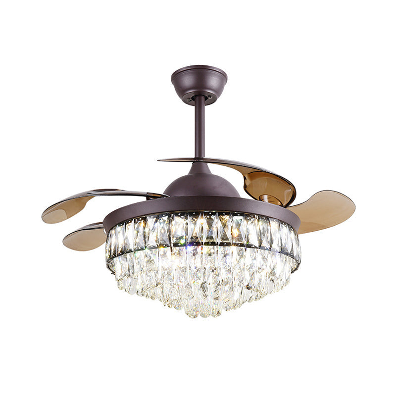 4 Blades Living Room LED Hanging Fan Light Simplicity Black Semi Mount Lighting with Tapered Clear Crystal Shade, 19