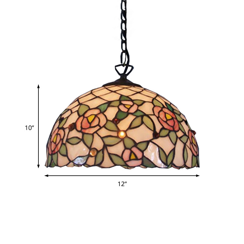 Domed Suspension Lighting 1 Bulb Pink Hand Cut Glass Tiffany-Style Hanging Ceiling Light with Flower Pattern Clearhalo 'Ceiling Lights' 'Industrial' 'Middle Century Pendants' 'Pendant Lights' 'Pendants' 'Tiffany close to ceiling' 'Tiffany Pendants' 'Tiffany' Lighting' 172545