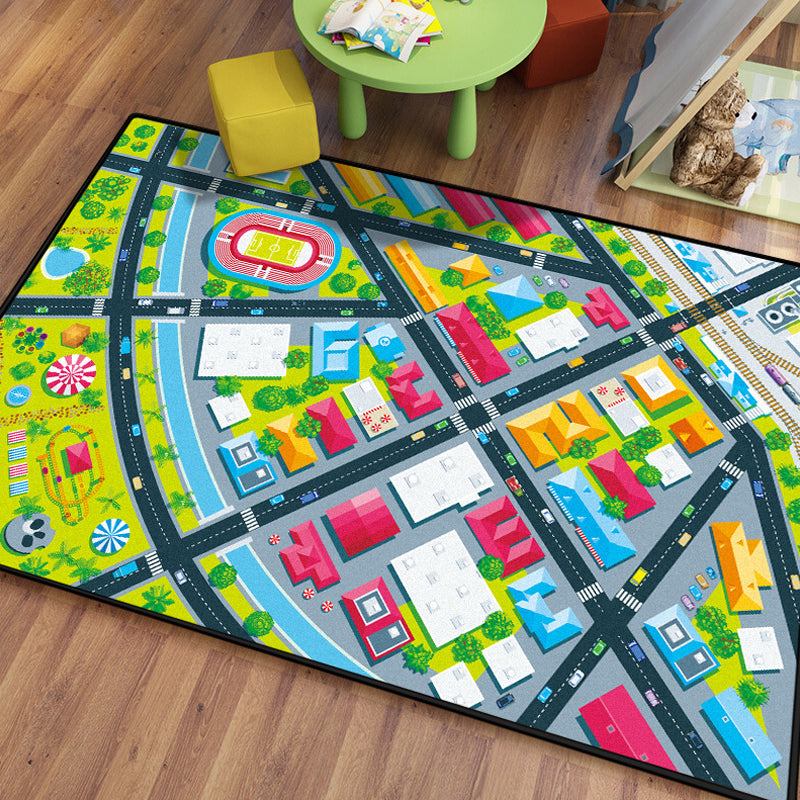 Kids Island Pattern Rug Green and Blue Polyester Rug Washable Pet Friendly Non-Slip Area Rug for Child's Bedroom Grey Clearhalo 'Area Rug' 'Rug' 1726421