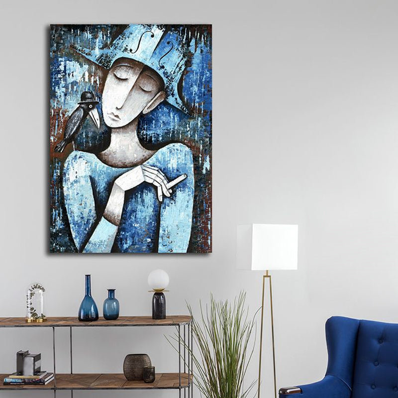 Pastel Color Smoking Girl Painting Abstract Expressionism Textured Canvas Art for Bedroom