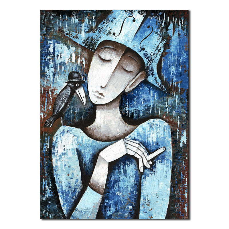 Pastel Color Smoking Girl Painting Abstract Expressionism Textured Canvas Art for Bedroom