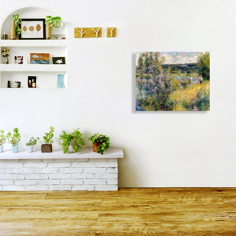 Impressionism Riverside Wood Wall Decor Canvas Textured Yellow Art for Living Room