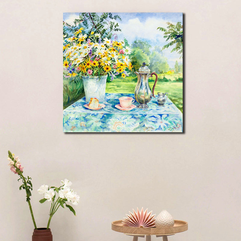 Impressionism Flowers and Cups Canvas Light Color Textured Painting for Dining Room