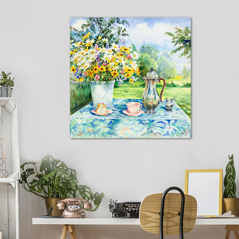Impressionism Flowers and Cups Canvas Light Color Textured Painting for Dining Room
