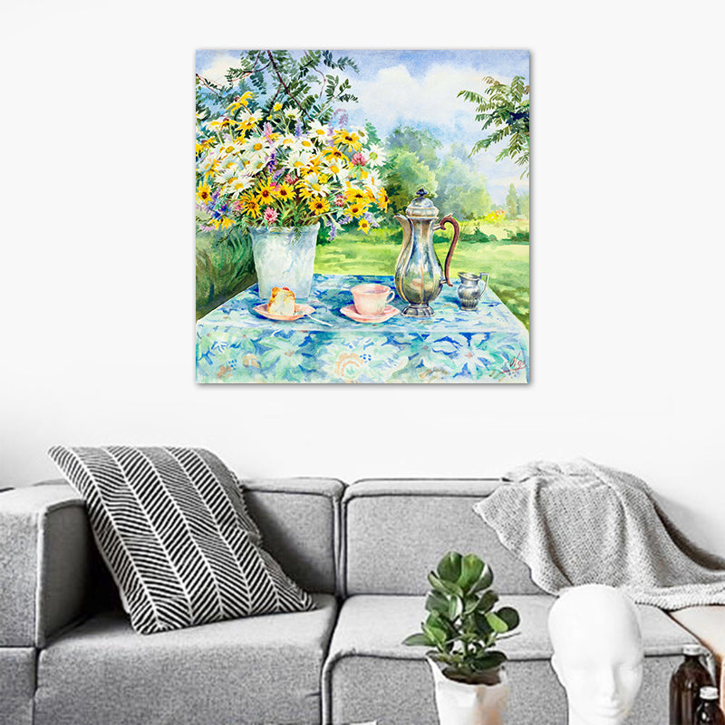 Impressionism Flowers and Cups Canvas Light Color Textured Painting for Dining Room