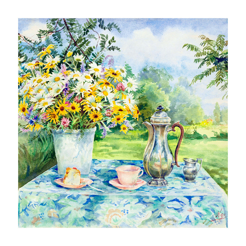 Impressionism Flowers and Cups Canvas Light Color Textured Painting for Dining Room