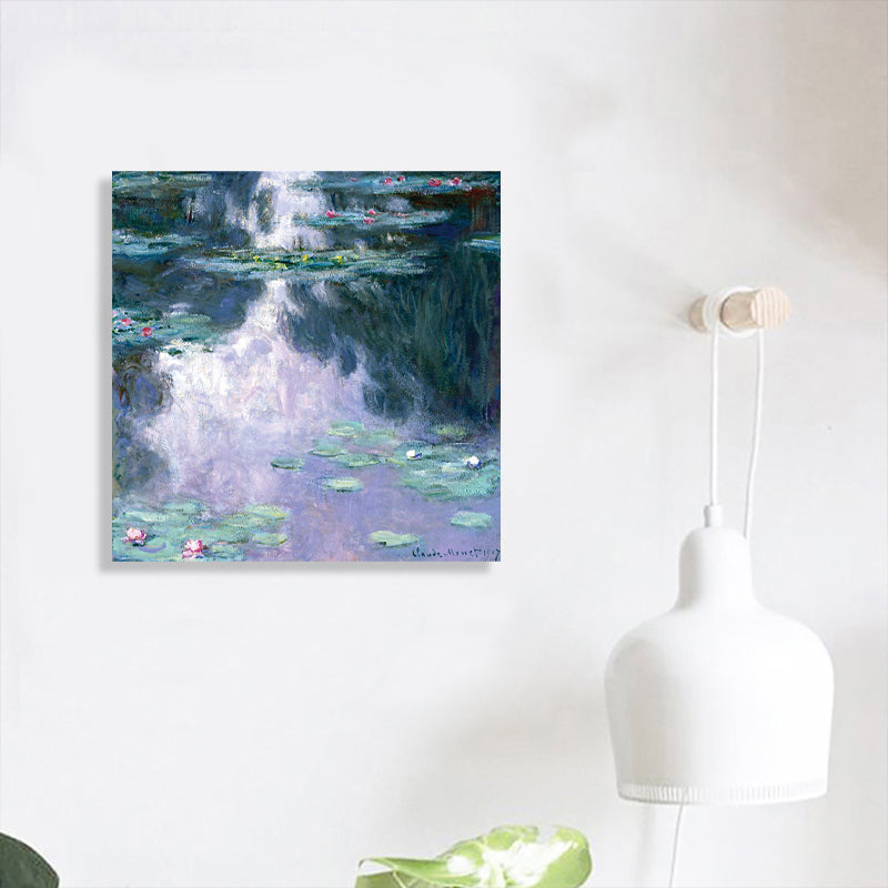 Green Lotus Flowers Scenery Canvas Textured French Rustic Style Bathroom Painting Clearhalo 'Arts' 'Canvas Art' 1728300