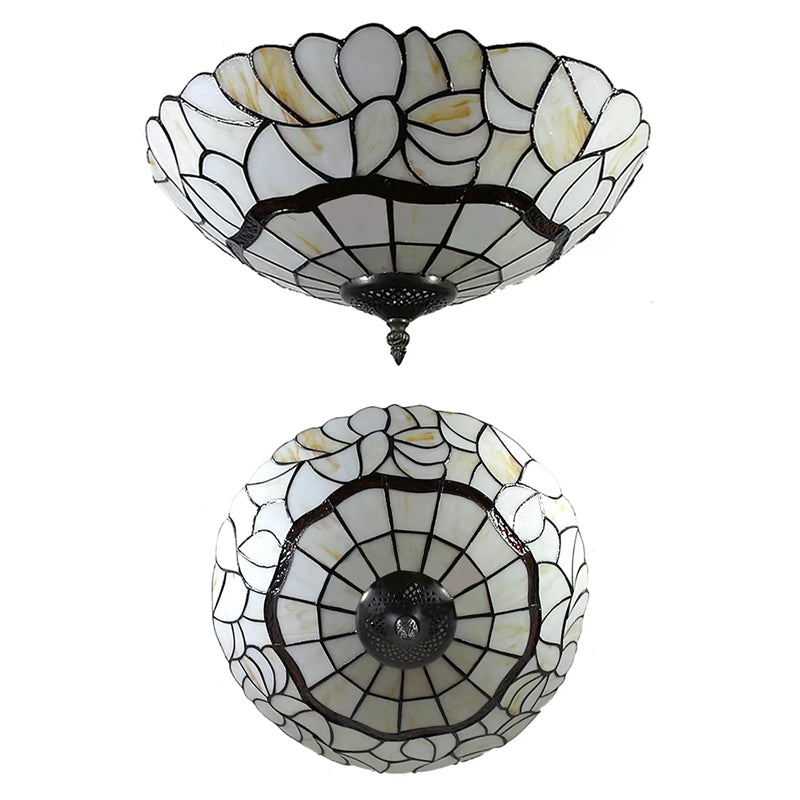 White/Beige Glass Bowl Flush Light Tiffany Style 3 Lights Flush Ceiling Light for Living Room Clearhalo 'Ceiling Lights' 'Close To Ceiling Lights' 'Close to ceiling' 'Glass shade' 'Glass' 'Pendant Lights' 'Semi-flushmount' 'Tiffany close to ceiling' 'Tiffany' Lighting' 17292