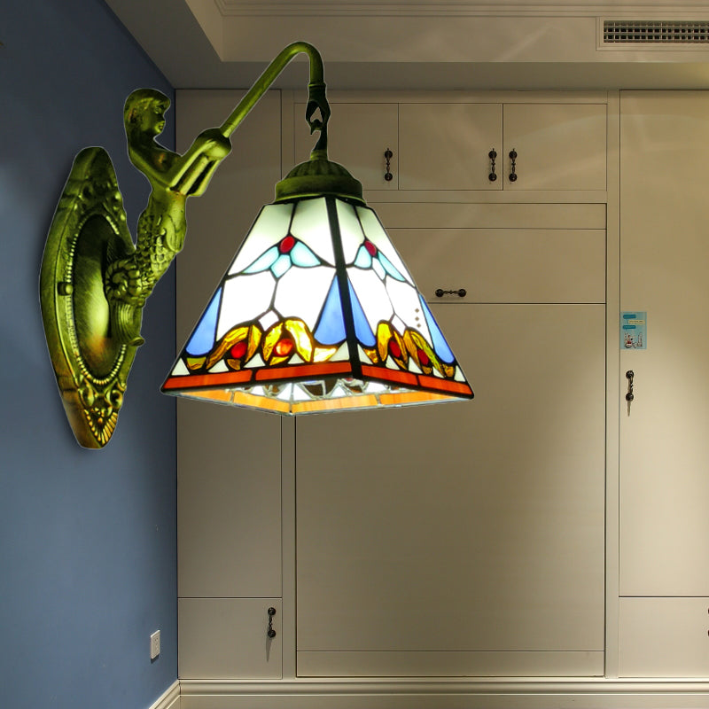 Stained Glass Trapezoid Wall Light Fixture Baroque 1 Head Brass Sconce Light with Mermaid Backplate Clearhalo 'Industrial' 'Middle century wall lights' 'Tiffany wall lights' 'Tiffany' 'Wall Lamps & Sconces' 'Wall Lights' Lighting' 173018