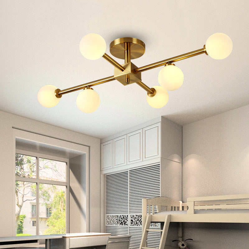 Modern Gold Finish Semi Flushmount Light Modo Metal Milk Glass Ceiling Lamp for Study Room 6 Gold Clearhalo 'Ceiling Lights' 'Close To Ceiling Lights' 'Close to ceiling' 'Glass shade' 'Glass' 'Semi-flushmount' Lighting' 173025