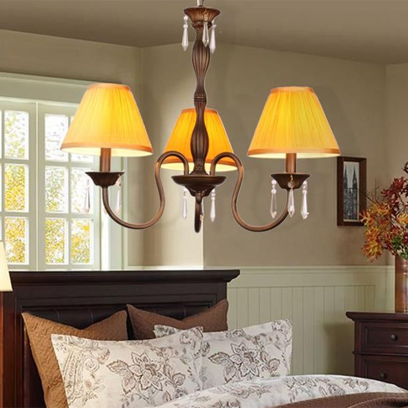 3 Lights Ceiling Lamp with Tapered Fabric Shade Traditional Bedroom Chandelier Pendant Light in Beige/Red/Yellow Clearhalo 'Ceiling Lights' 'Chandeliers' Lighting' options 1730339