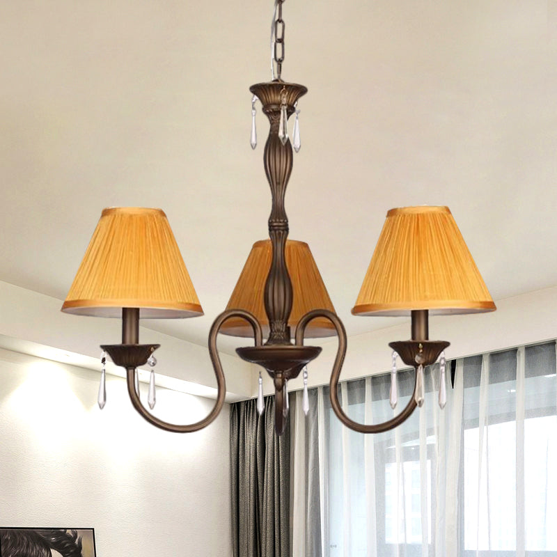 3 Lights Ceiling Lamp with Tapered Fabric Shade Traditional Bedroom Chandelier Pendant Light in Beige/Red/Yellow Clearhalo 'Ceiling Lights' 'Chandeliers' Lighting' options 1730340