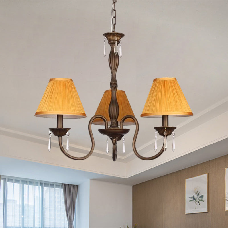 3 Lights Ceiling Lamp with Tapered Fabric Shade Traditional Bedroom Chandelier Pendant Light in Beige/Red/Yellow Clearhalo 'Ceiling Lights' 'Chandeliers' Lighting' options 1730341