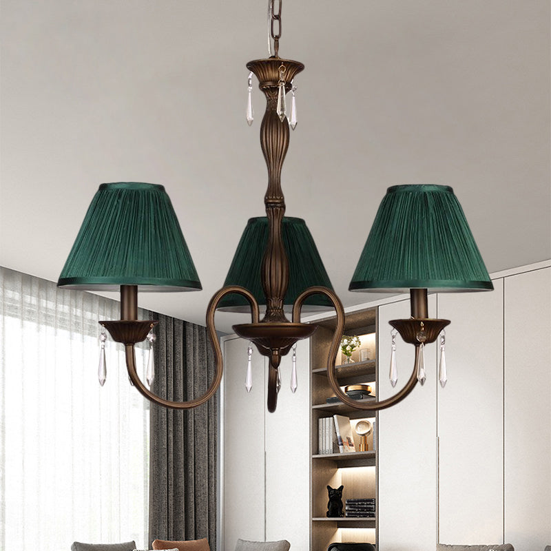 3 Lights Ceiling Lamp with Tapered Fabric Shade Traditional Bedroom Chandelier Pendant Light in Beige/Red/Yellow Clearhalo 'Ceiling Lights' 'Chandeliers' Lighting' options 1730344