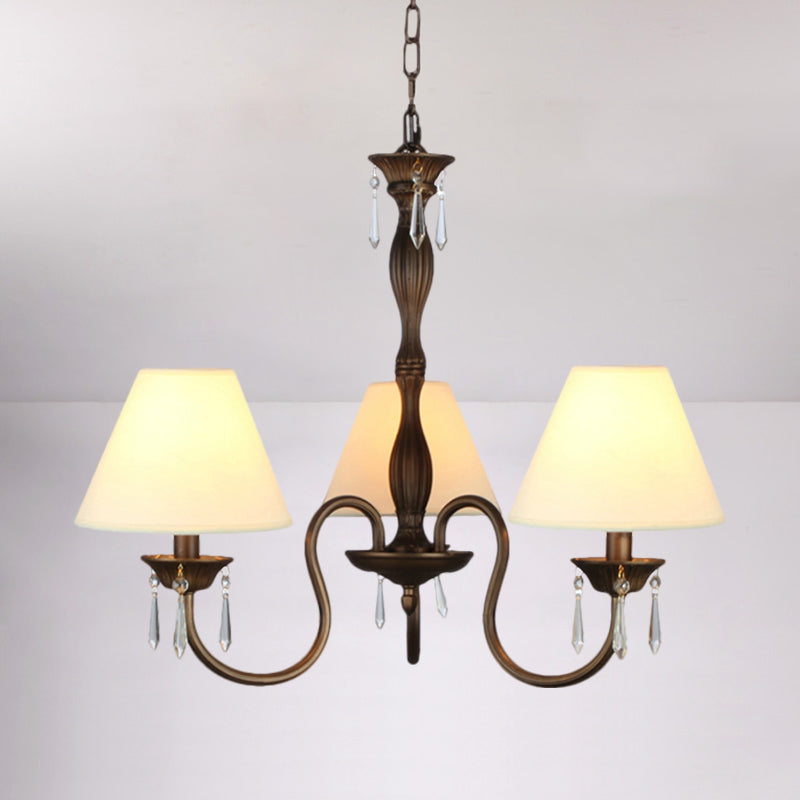 3 Lights Ceiling Lamp with Tapered Fabric Shade Traditional Bedroom Chandelier Pendant Light in Beige/Red/Yellow Clearhalo 'Ceiling Lights' 'Chandeliers' Lighting' options 1730349