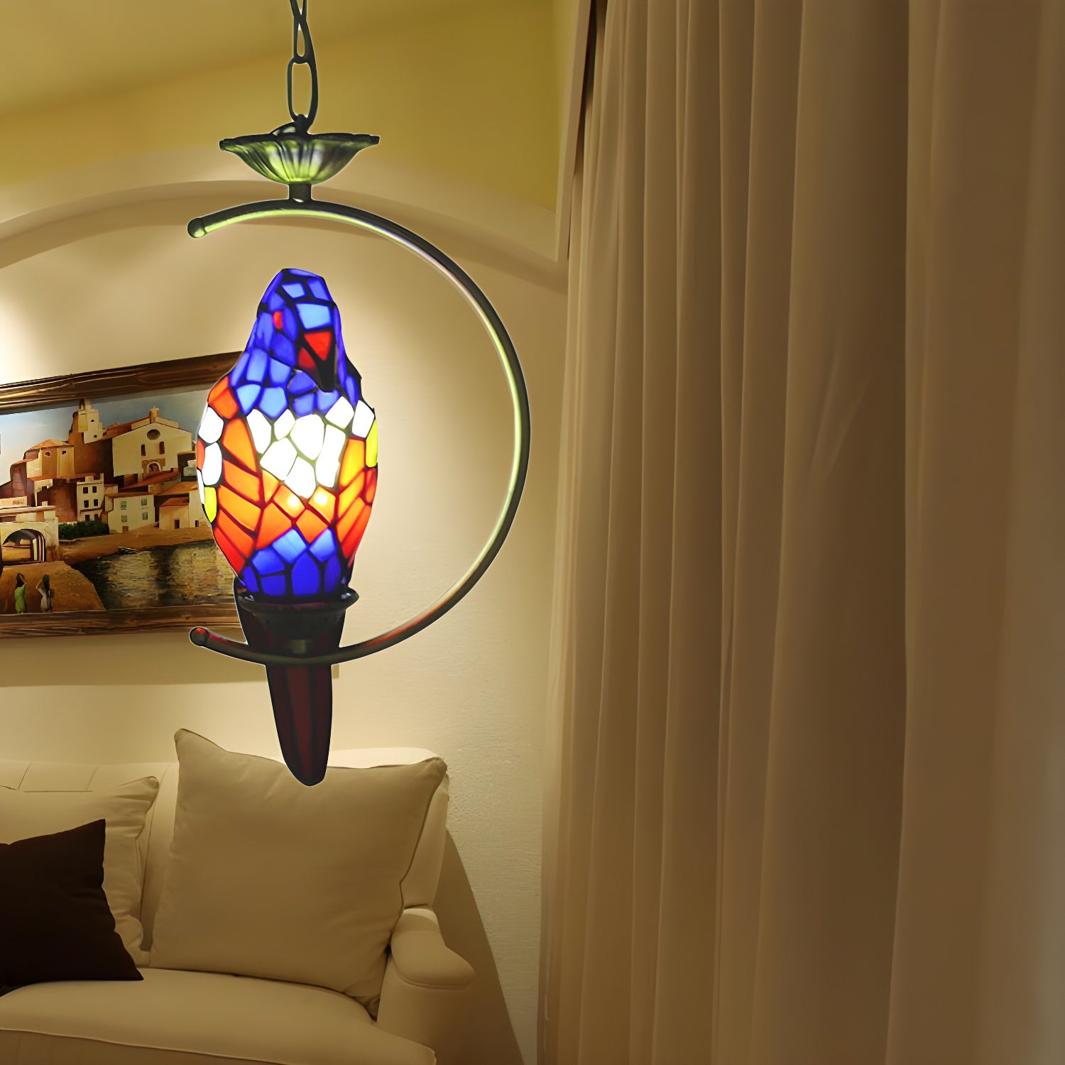 Blue/Green Parrot Suspension Pendant Light Tiffany Style 1 Light Stained Art Glass Ceiling Lamp for Bedroom Blue Clearhalo 'Ceiling Lights' 'Industrial' 'Middle Century Pendants' 'Pendant Lights' 'Pendants' 'Tiffany close to ceiling' 'Tiffany Pendants' 'Tiffany' Lighting' 173289