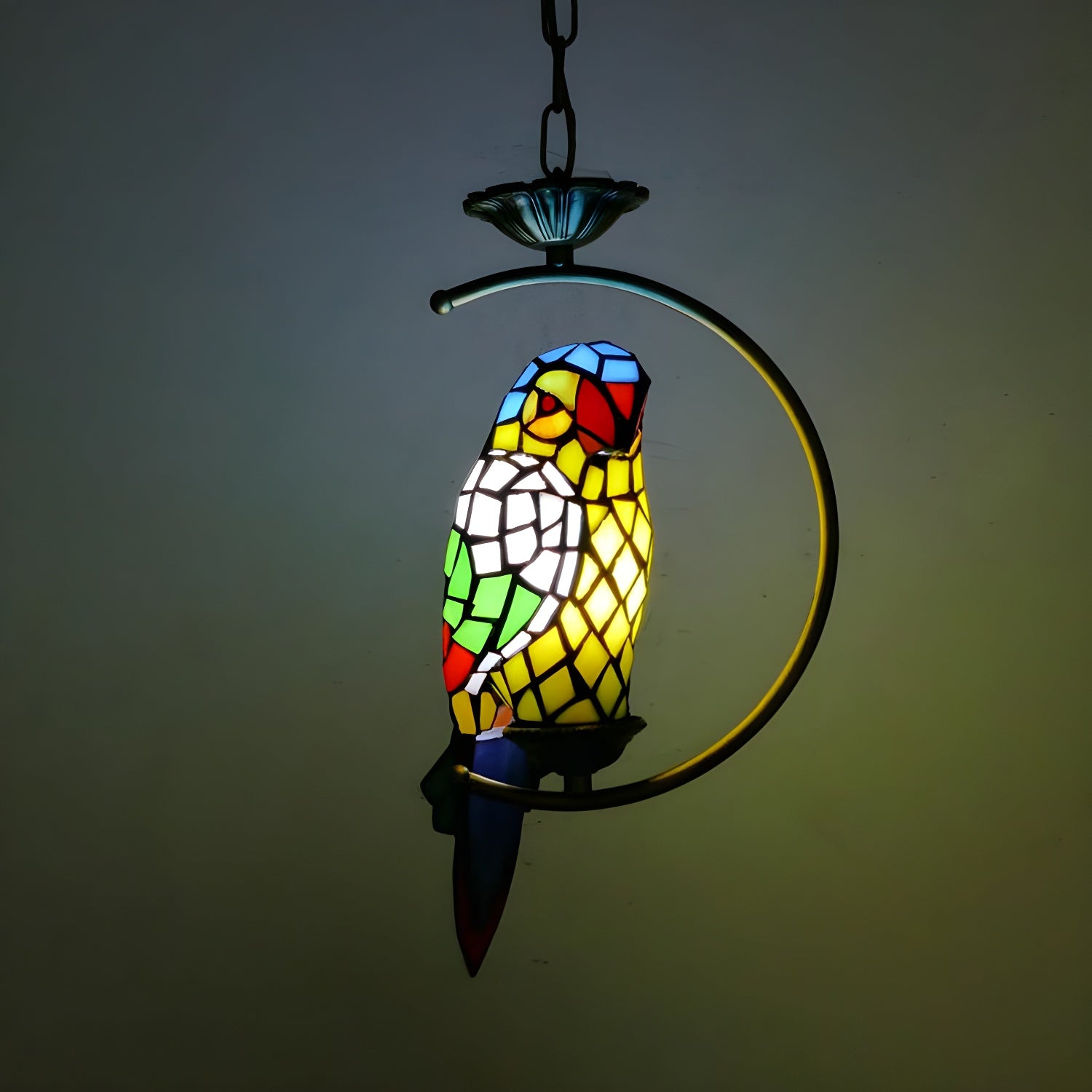 Blue/Green Parrot Suspension Pendant Light Tiffany Style 1 Light Stained Art Glass Ceiling Lamp for Bedroom Green Clearhalo 'Ceiling Lights' 'Industrial' 'Middle Century Pendants' 'Pendant Lights' 'Pendants' 'Tiffany close to ceiling' 'Tiffany Pendants' 'Tiffany' Lighting' 173293