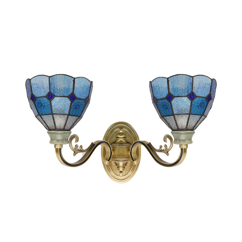 Mediterranean Bowl Wall Lamp 2 Lights Blue Glass Wall Mount Light for Dining Room Clearhalo 'Industrial' 'Middle century wall lights' 'Tiffany wall lights' 'Tiffany' 'Wall Lamps & Sconces' 'Wall Lights' Lighting' 173321
