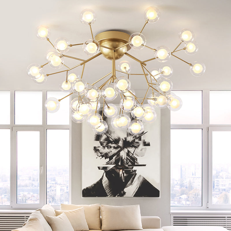 Multi-head Plant Semi Ceiling Mount Light Romantic Metal Glass Ceiling Lamp in Gold for Hotel 45 Gold Clearhalo 'Ceiling Lights' 'Close To Ceiling Lights' 'Close to ceiling' 'Glass shade' 'Glass' 'Semi-flushmount' Lighting' 173368