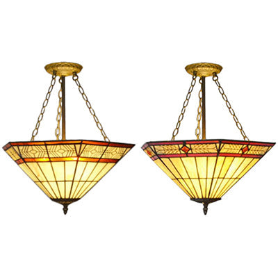 Leaf/Triangle/Rhombus/Grape/Peacock Tail/Gem/Yellow Square Pattern Semi Flush Mount Light Rustic Tiffany Stained Glass 3 Lights Semi Flush Mount in Brass Clearhalo 'Ceiling Lights' 'Close To Ceiling Lights' 'Close to ceiling' 'Glass shade' 'Glass' 'Pendant Lights' 'Semi-flushmount' 'Tiffany close to ceiling' 'Tiffany' Lighting' 17338