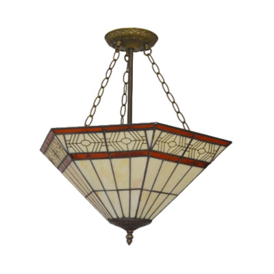 Leaf/Triangle/Rhombus/Grape/Peacock Tail/Gem/Yellow Square Pattern Semi Flush Mount Light Rustic Tiffany Stained Glass 3 Lights Semi Flush Mount in Brass Clearhalo 'Ceiling Lights' 'Close To Ceiling Lights' 'Close to ceiling' 'Glass shade' 'Glass' 'Pendant Lights' 'Semi-flushmount' 'Tiffany close to ceiling' 'Tiffany' Lighting' 17340