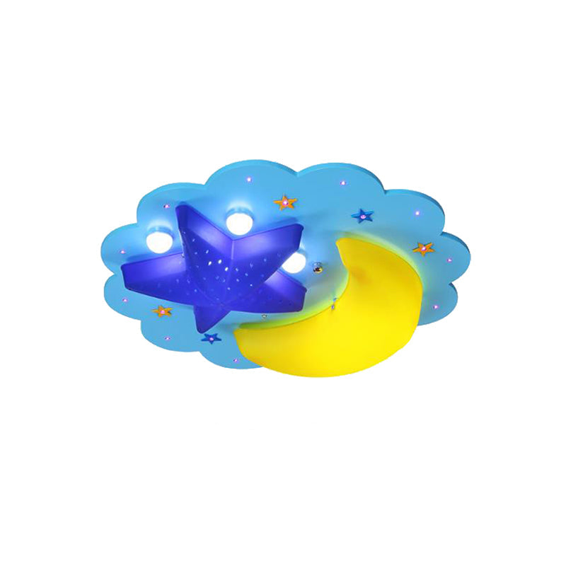 Blue Star Moon Ceiling Mount Light Cartoon Wood Ceiling Lamp for Boys Girls Bedroom Clearhalo 'Ceiling Lights' 'Close To Ceiling Lights' 'Close to ceiling' 'Flush mount' Lighting' 173449
