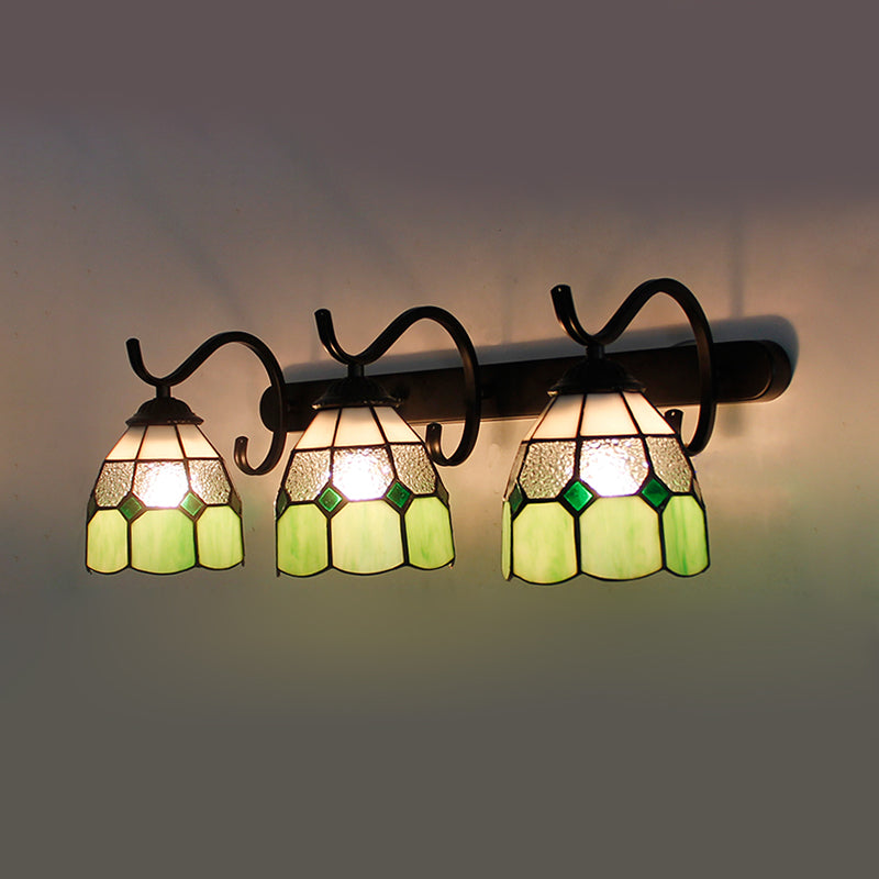 3 Light Dome Sconce Lighting Rustic Loft Stained Glass Wall Mount Light in Light Blue/Green/Clear/Orange Red/Royal Blue for Bathroom Green Clearhalo 'Industrial' 'Middle century wall lights' 'Tiffany wall lights' 'Tiffany' 'Wall Lamps & Sconces' 'Wall Lights' Lighting' 173678