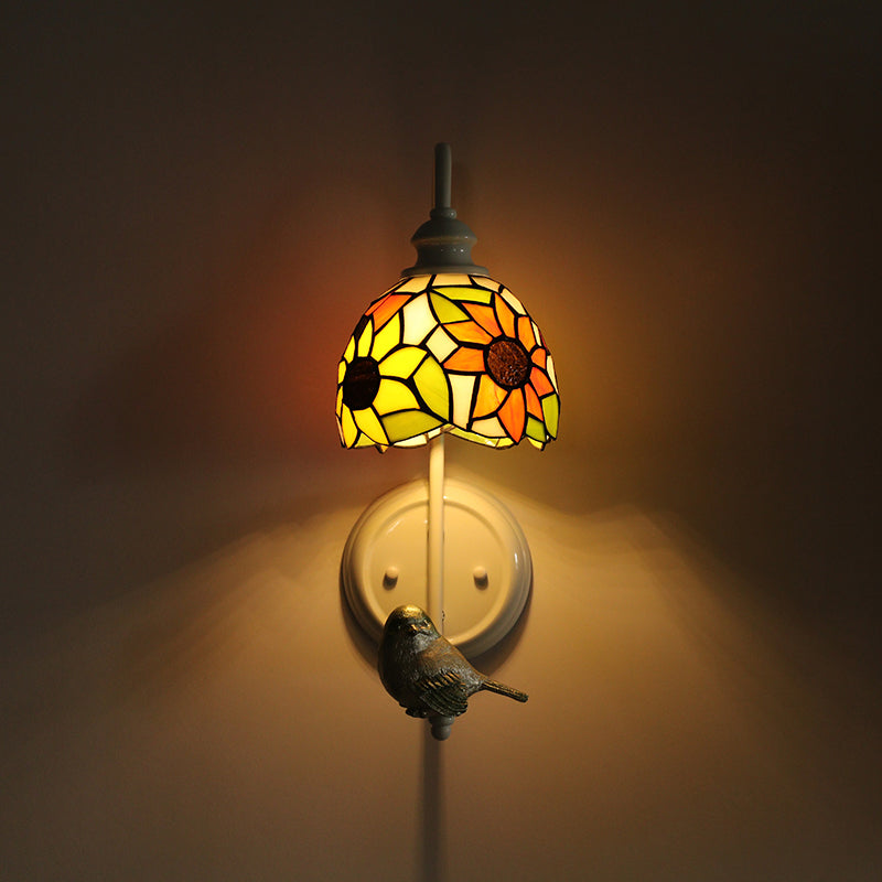 1 Head Sconce Light Tiffany Dome/House Stained Glass Wall Light Fixture in White with Square/Sunflower/Diamond Pattern Clearhalo 'Industrial' 'Middle century wall lights' 'Tiffany wall lights' 'Tiffany' 'Wall Lamps & Sconces' 'Wall Lights' Lighting' 174715