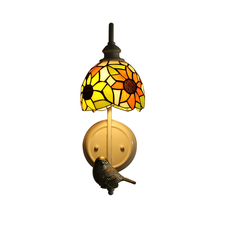 1 Head Sconce Light Tiffany Dome/House Stained Glass Wall Light Fixture in White with Square/Sunflower/Diamond Pattern Clearhalo 'Industrial' 'Middle century wall lights' 'Tiffany wall lights' 'Tiffany' 'Wall Lamps & Sconces' 'Wall Lights' Lighting' 174717