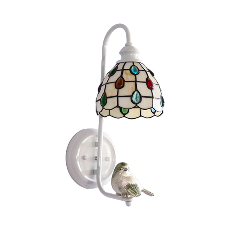 1 Head Sconce Light Tiffany Dome/House Stained Glass Wall Light Fixture in White with Square/Sunflower/Diamond Pattern Clearhalo 'Industrial' 'Middle century wall lights' 'Tiffany wall lights' 'Tiffany' 'Wall Lamps & Sconces' 'Wall Lights' Lighting' 174720