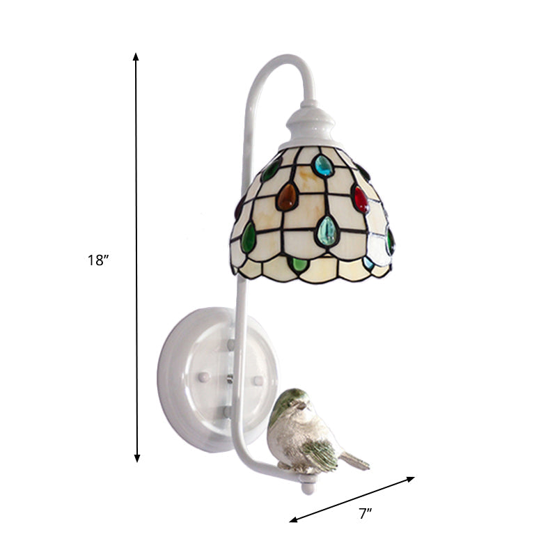 1 Head Sconce Light Tiffany Dome/House Stained Glass Wall Light Fixture in White with Square/Sunflower/Diamond Pattern Clearhalo 'Industrial' 'Middle century wall lights' 'Tiffany wall lights' 'Tiffany' 'Wall Lamps & Sconces' 'Wall Lights' Lighting' 174721