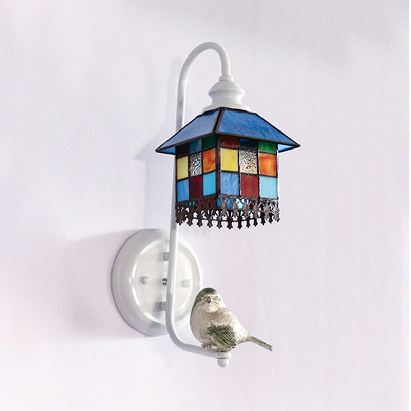 1 Head Sconce Light Tiffany Dome/House Stained Glass Wall Light Fixture in White with Square/Sunflower/Diamond Pattern White Square Clearhalo 'Industrial' 'Middle century wall lights' 'Tiffany wall lights' 'Tiffany' 'Wall Lamps & Sconces' 'Wall Lights' Lighting' 174722