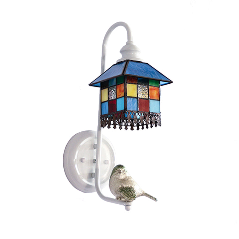1 Head Sconce Light Tiffany Dome/House Stained Glass Wall Light Fixture in White with Square/Sunflower/Diamond Pattern Clearhalo 'Industrial' 'Middle century wall lights' 'Tiffany wall lights' 'Tiffany' 'Wall Lamps & Sconces' 'Wall Lights' Lighting' 174723
