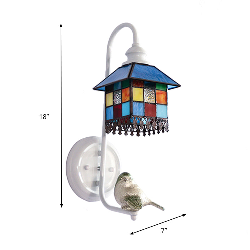1 Head Sconce Light Tiffany Dome/House Stained Glass Wall Light Fixture in White with Square/Sunflower/Diamond Pattern Clearhalo 'Industrial' 'Middle century wall lights' 'Tiffany wall lights' 'Tiffany' 'Wall Lamps & Sconces' 'Wall Lights' Lighting' 174724