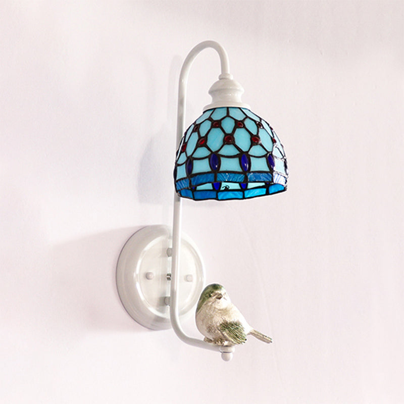 1 Head Sconce Light Tiffany Dome/House Stained Glass Wall Light Fixture in White with Square/Sunflower/Diamond Pattern White Diamond Clearhalo 'Industrial' 'Middle century wall lights' 'Tiffany wall lights' 'Tiffany' 'Wall Lamps & Sconces' 'Wall Lights' Lighting' 174725