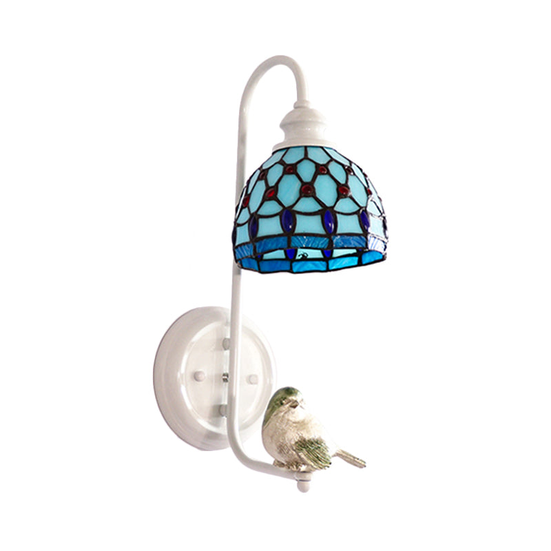 1 Head Sconce Light Tiffany Dome/House Stained Glass Wall Light Fixture in White with Square/Sunflower/Diamond Pattern Clearhalo 'Industrial' 'Middle century wall lights' 'Tiffany wall lights' 'Tiffany' 'Wall Lamps & Sconces' 'Wall Lights' Lighting' 174726