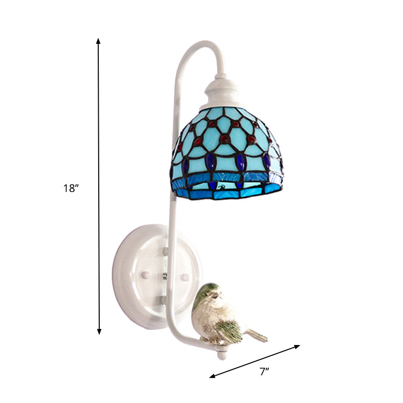 1 Head Sconce Light Tiffany Dome/House Stained Glass Wall Light Fixture in White with Square/Sunflower/Diamond Pattern Clearhalo 'Industrial' 'Middle century wall lights' 'Tiffany wall lights' 'Tiffany' 'Wall Lamps & Sconces' 'Wall Lights' Lighting' 174727