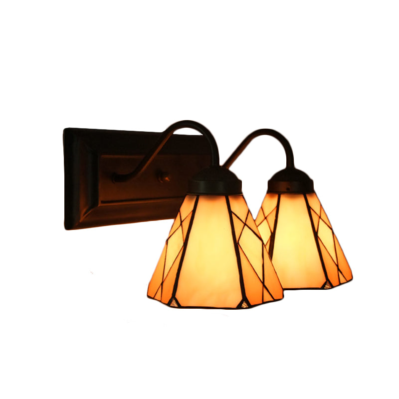 Cone Beige Glass Sconce Light Tiffany 2 Heads Black Wall Mounted Light for Living Room Clearhalo 'Industrial' 'Middle century wall lights' 'Tiffany wall lights' 'Tiffany' 'Wall Lamps & Sconces' 'Wall Lights' Lighting' 174837