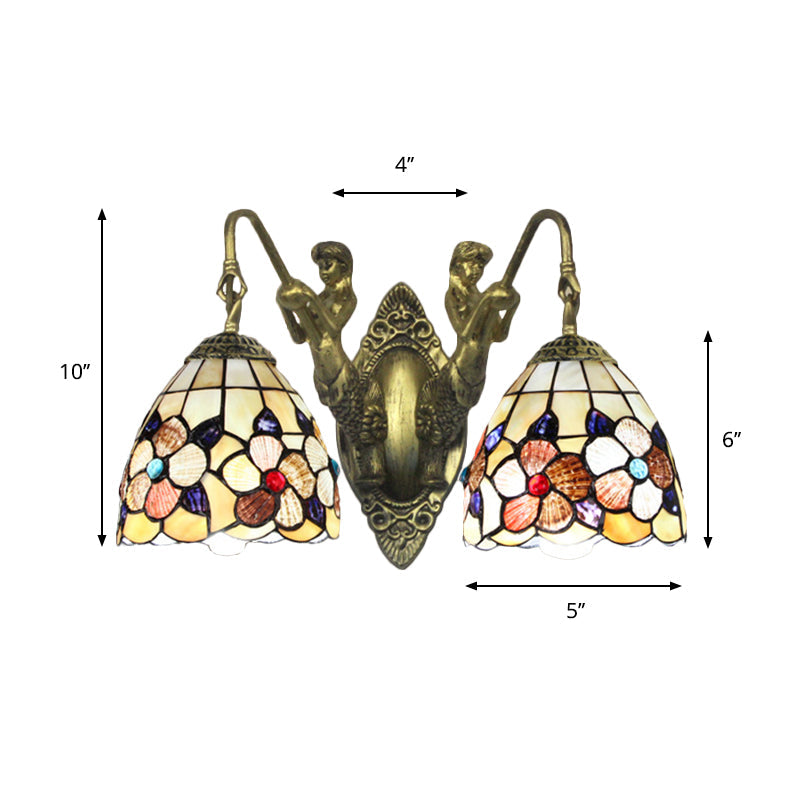 Flower Bedroom Wall Mounted Light Shell 2 Heads Victorian Sconce Light with Mermaid Backplate in Beige Clearhalo 'Industrial' 'Middle century wall lights' 'Tiffany wall lights' 'Tiffany' 'Wall Lamps & Sconces' 'Wall Lights' Lighting' 174842