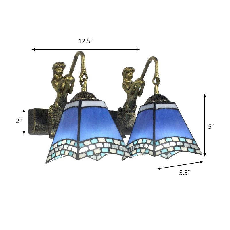 2 Heads Pyramid Wall Mounted Light Mediterranean Blue Glass Sconce Light for Bedroom Clearhalo 'Industrial' 'Middle century wall lights' 'Tiffany wall lights' 'Tiffany' 'Wall Lamps & Sconces' 'Wall Lights' Lighting' 174851