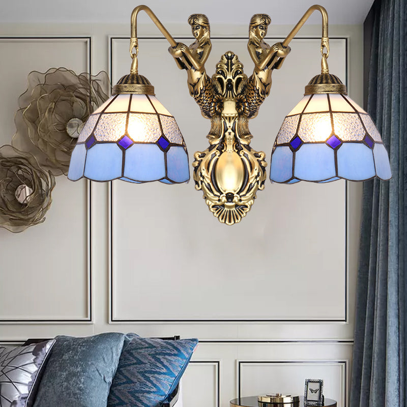 Blue Glass Brass Wall Light Fixture Dome 2 Heads Tiffany Sconce Lighting with Mermaid Backplate Blue Clearhalo 'Cast Iron' 'Glass' 'Industrial' 'Middle century wall lights' 'Modern' 'Tiffany wall lights' 'Tiffany' 'Traditional wall lights' 'Wall Lamps & Sconces' 'Wall Lights' Lighting' 174863