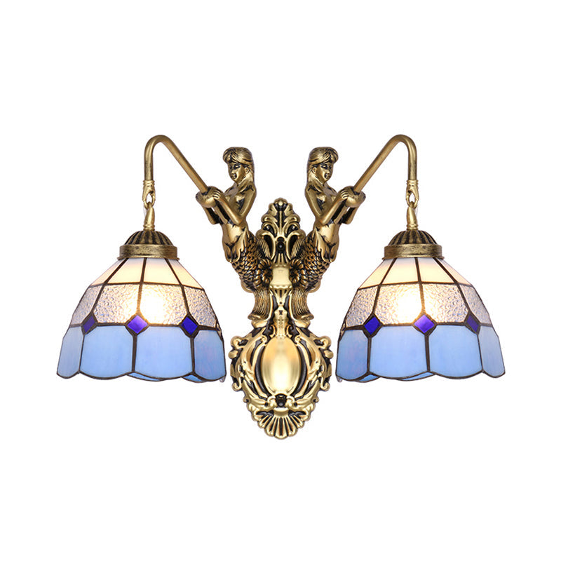 Blue Glass Brass Wall Light Fixture Dome 2 Heads Tiffany Sconce Lighting with Mermaid Backplate Clearhalo 'Cast Iron' 'Glass' 'Industrial' 'Middle century wall lights' 'Modern' 'Tiffany wall lights' 'Tiffany' 'Traditional wall lights' 'Wall Lamps & Sconces' 'Wall Lights' Lighting' 174865