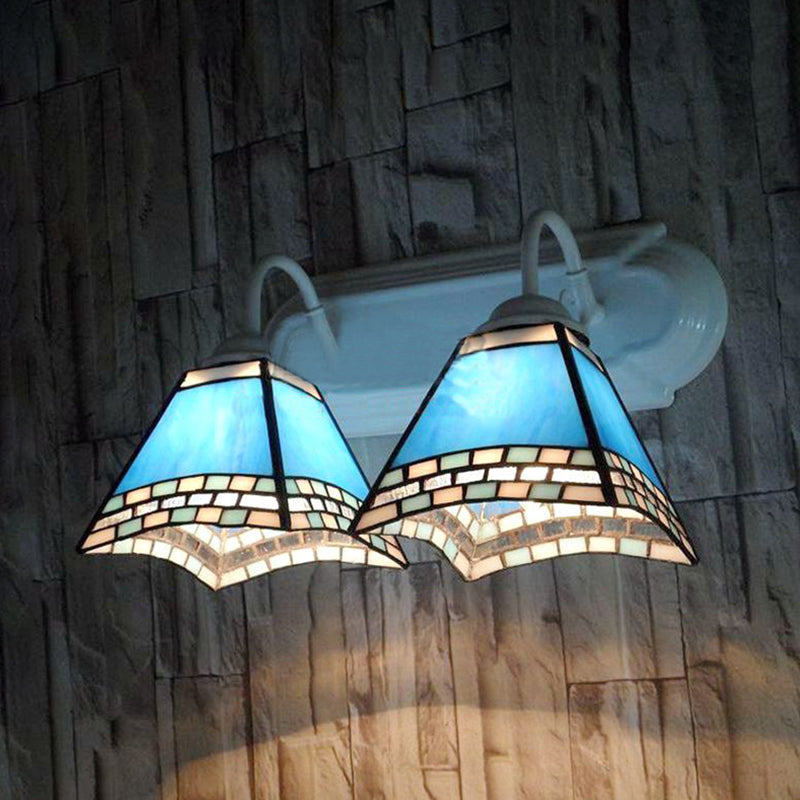 2 Heads Pyramid Wall Lamp with Blue Glass Shade Nautical Wall Mount Light for Bathroom Clearhalo 'Industrial' 'Middle century wall lights' 'Tiffany wall lights' 'Tiffany' 'Wall Lamps & Sconces' 'Wall Lights' Lighting' 174876