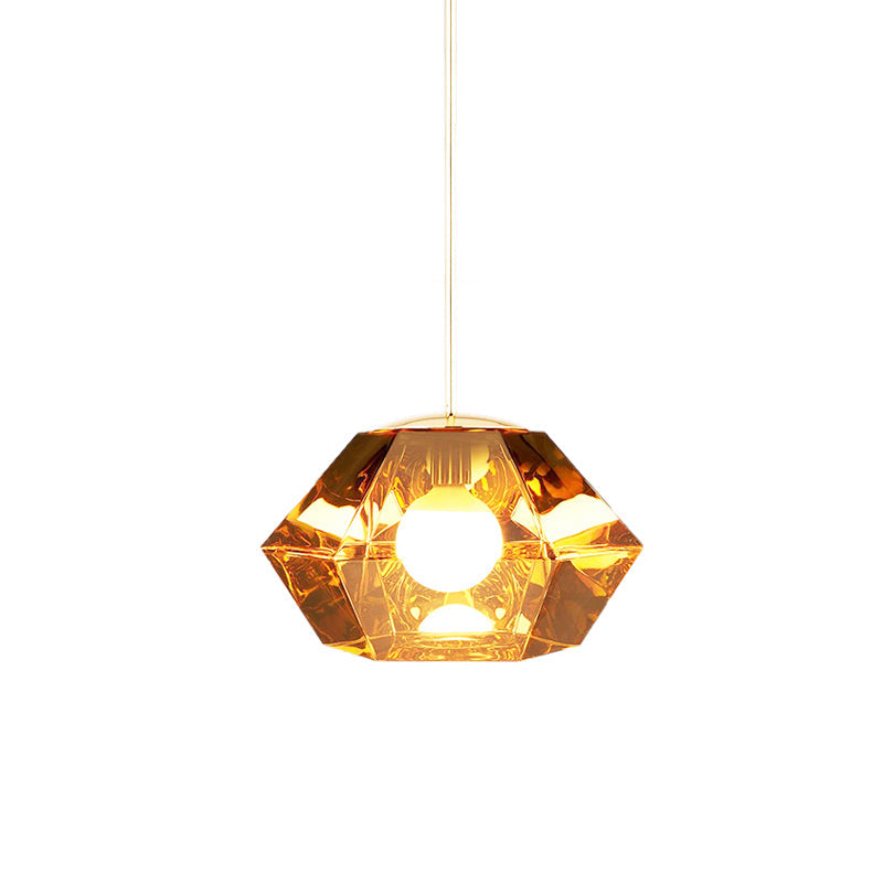 Diamond Pendant Lighting Post-Modern Glass 1 Light Clear/Amber Hanging Ceiling Light with Linear/Stout Shade Clearhalo 'Ceiling Lights' 'Glass shade' 'Glass' 'Modern Pendants' 'Modern' 'Pendant Lights' 'Pendants' Lighting' 175067