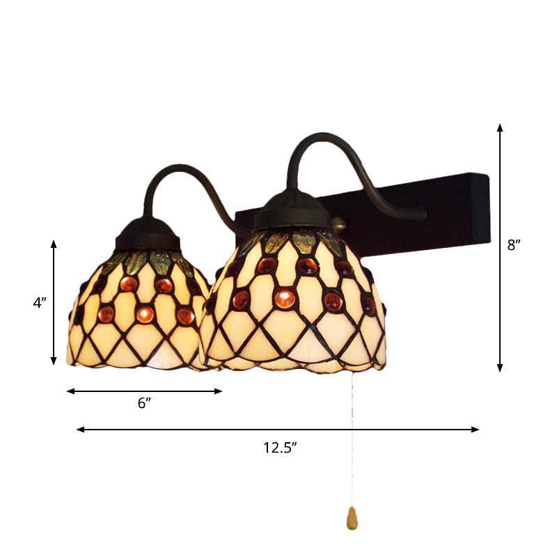 Beige Glass Black Wall Mounted Light Dome 2 Heads Tiffany Sconce Lighting with Pull Chain Clearhalo 'Industrial' 'Middle century wall lights' 'Tiffany wall lights' 'Tiffany' 'Wall Lamps & Sconces' 'Wall Lights' Lighting' 175232