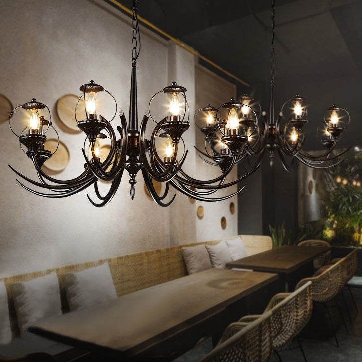 Farmhouse Wire Guard Chandelier Lighting with Curved Arm 8 Heads Iron Hanging Light Fixture in Black Clearhalo 'Ceiling Lights' 'Chandeliers' Lighting' options 175604